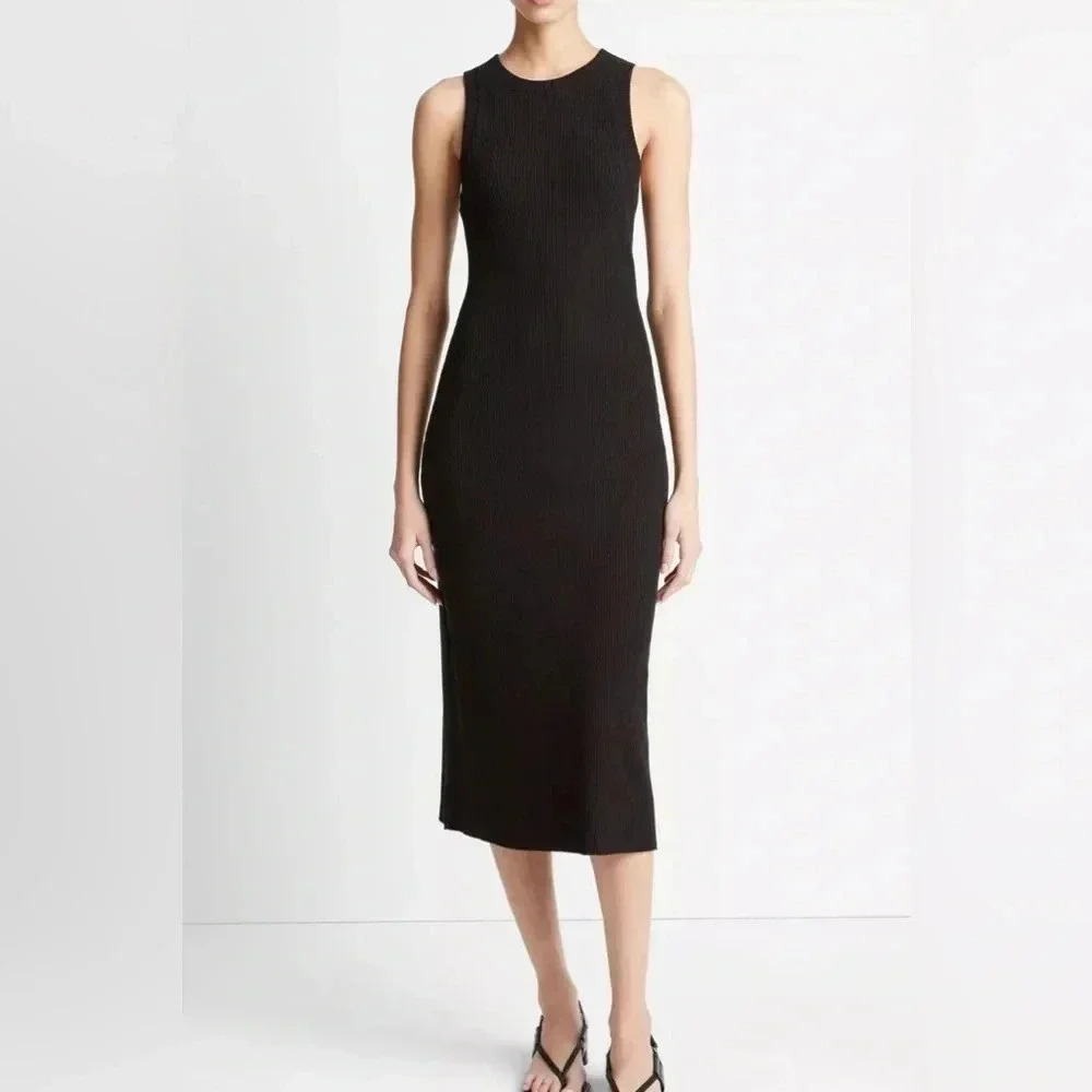 VINCE Ribbed High-Neck Tank Dress in Black / Size Large /